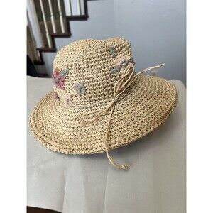 Cappelli Straworld Rolled Brim Sun Hat Floral Embellishments Raffia Vintage 2001